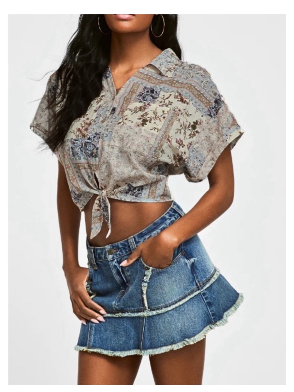 NWT FRYE Cropped Dolman Sleeve Button Tie-Front Top - Neutral Paisley Patchwork